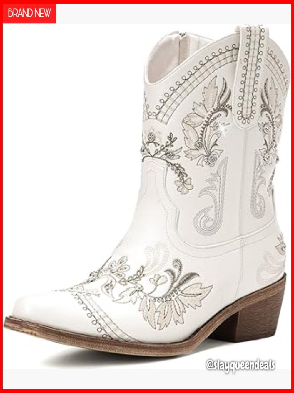 Women’s White Embroidered Western Ankle Boot with Rhinestone